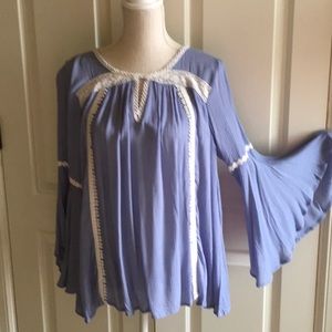 Blue Top with Flair Sleeves and Lace - Brand New